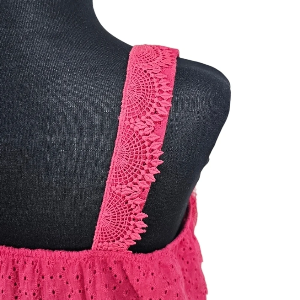 NWT Sperry Cotton Button Down Eyelet & Lace Drawstring Waist Romper Pink Red L